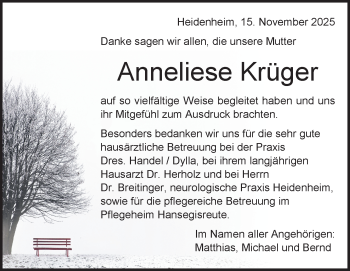 Traueranzeige von Anneliese Krüger von Heidenheimer Zeitung