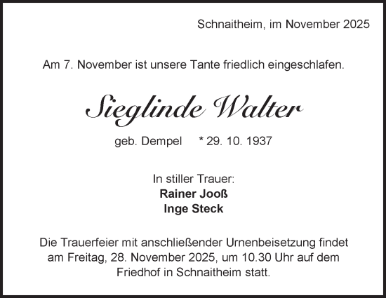 Traueranzeige von Sieglinde Walter 