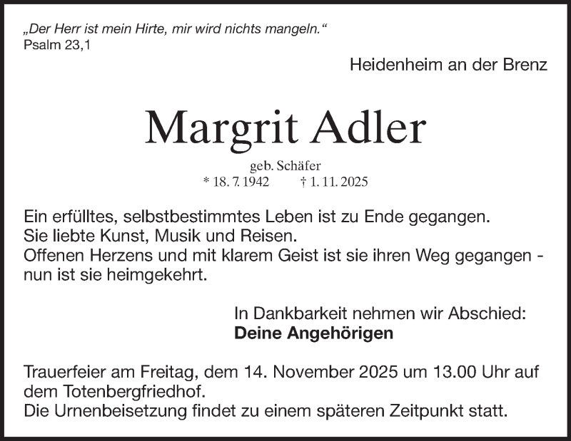  Traueranzeige für Margrit Adler vom 07.11.2025 aus Heidenheimer Zeitung