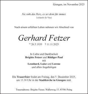 Traueranzeige von Gerhard Fetzer von Heidenheimer Zeitung