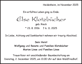 Traueranzeige von Else Klotzbücher von Heidenheimer Zeitung
