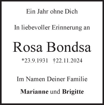 Traueranzeige von Rosa Bondsa von Heidenheimer Zeitung