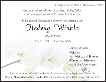 Traueranzeige von Hedwig Winkler von Heidenheimer Zeitung