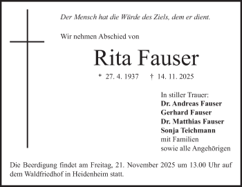 Traueranzeige von Rita Fauser von Heidenheimer Zeitung