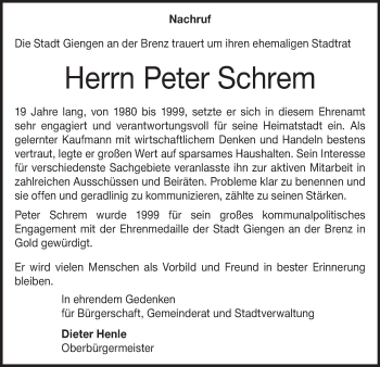 Traueranzeige von Peter Schrem von Heidenheimer Zeitung