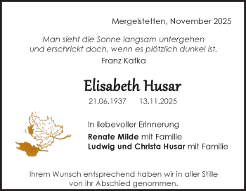 Traueranzeige von Elisabeth Husar von Heidenheimer Zeitung