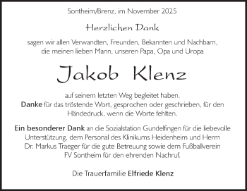 Traueranzeige von Jakob Klenz von Heidenheimer Zeitung