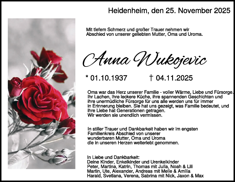  Traueranzeige für Anna Wukojevic vom 25.11.2025 aus Heidenheimer Zeitung