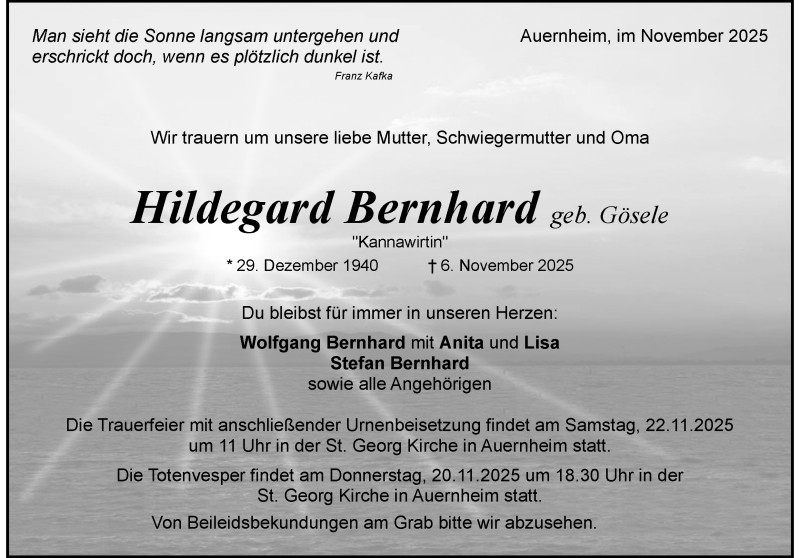  Traueranzeige für Hildegard Bernhard vom 15.11.2025 aus Heidenheimer Zeitung