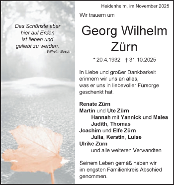 Traueranzeige von Georg Wilhelm Zürn von Heidenheimer Zeitung
