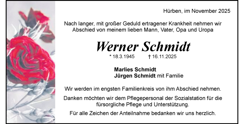  Traueranzeige für Werner Schmidt vom 20.11.2025 aus Heidenheimer Zeitung