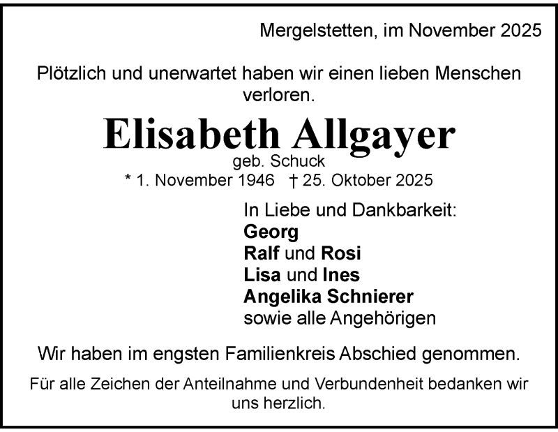  Traueranzeige für Elisabeth Allgayer vom 08.11.2025 aus Heidenheimer Zeitung