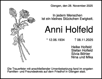 Traueranzeige von Anni Holfeld von Heidenheimer Zeitung
