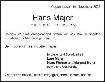 Traueranzeige von Hans Majer von Heidenheimer Zeitung