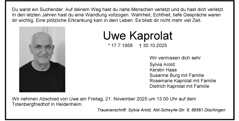  Traueranzeige für uwe Kaprolat vom 15.11.2025 aus Heidenheimer Zeitung