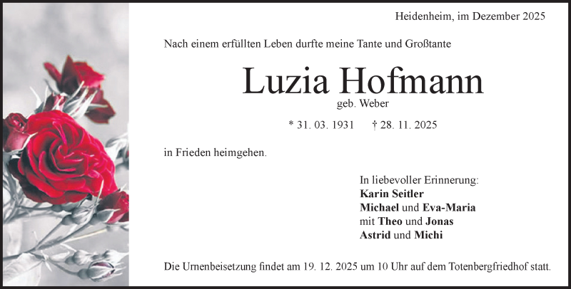  Traueranzeige für Luzia Hofmann vom 13.12.2025 aus Heidenheimer Zeitung
