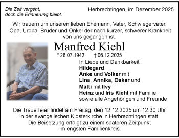Traueranzeige von Manfred Kiehl von Heidenheimer Zeitung