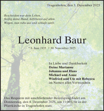 Traueranzeige von Leonhard Baur von Heidenheimer Zeitung