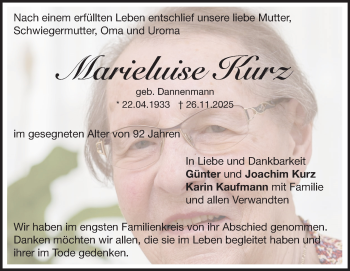 Traueranzeige von Mariluise Kurz von Heidenheimer Zeitung