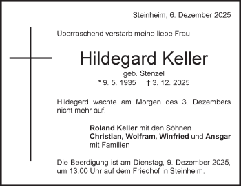 Traueranzeige von Hildegard Keller von Heidenheimer Zeitung