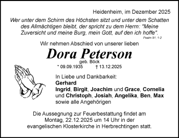 Traueranzeige von Dora Peterson von Heidenheimer Zeitung