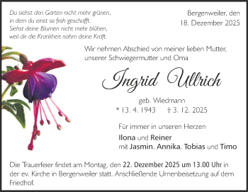 Traueranzeige von Ingrid Ulrich von Heidenheimer Zeitung