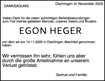 Traueranzeige von Egon Heger von Heidenheimer Zeitung