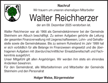 Traueranzeige von Walter Reichherzer von Heidenheimer Zeitung