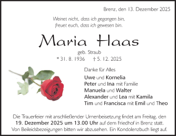 Traueranzeige von Maria Haas von Heidenheimer Zeitung