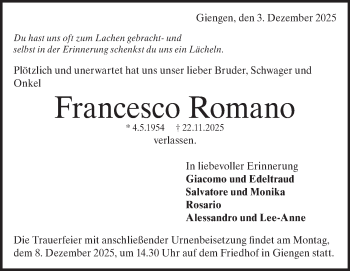 Traueranzeige von Francesco Romano von Heidenheimer Zeitung