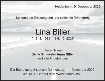 Traueranzeige von Lina Biller von Heidenheimer Zeitung