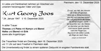 Traueranzeige von Kurt Georg Joos von Heidenheimer Zeitung