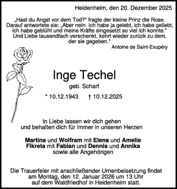 Traueranzeige von Inge Techel von Heidenheimer Zeitung
