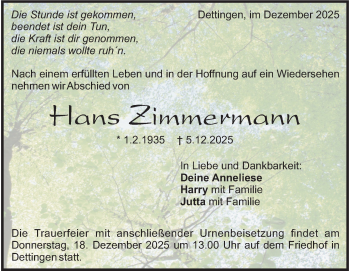 Traueranzeige von Hans Zimmermann von Heidenheimer Zeitung