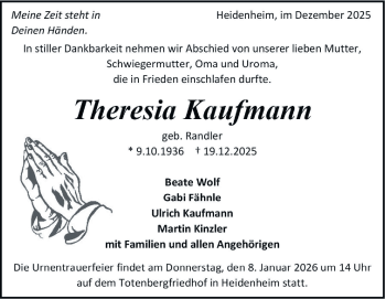 Traueranzeige von Theresia Kaufmann von Heidenheimer Zeitung