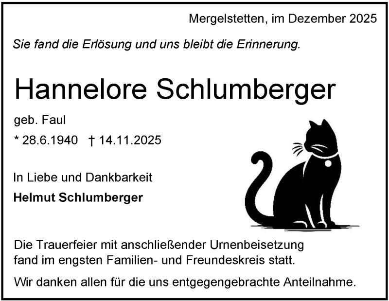  Traueranzeige für Hannelore Schlumberger vom 06.12.2025 aus Heidenheimer Zeitung