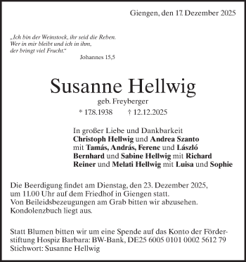 Traueranzeige von Susanne Hellwig von Heidenheimer Zeitung