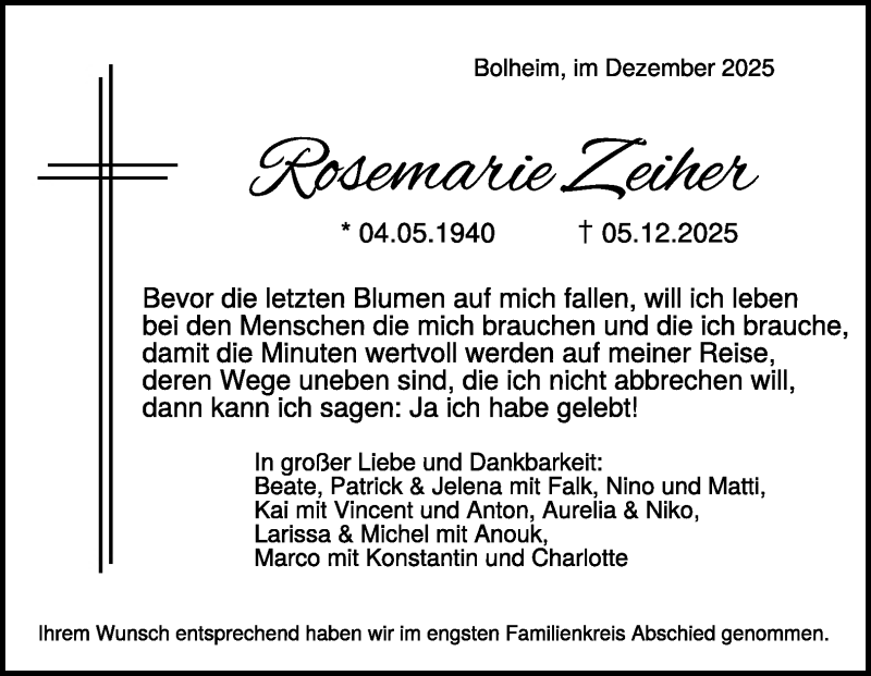  Traueranzeige für Rosemarie Zeiher vom 24.12.2025 aus Heidenheimer Zeitung