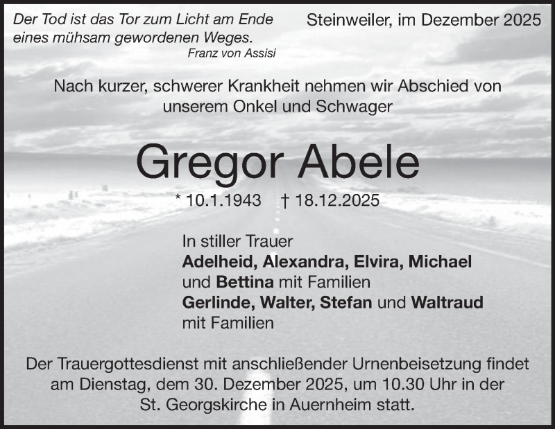 Traueranzeige für Gregor Abele vom 30.12.2025 aus Heidenheimer Zeitung