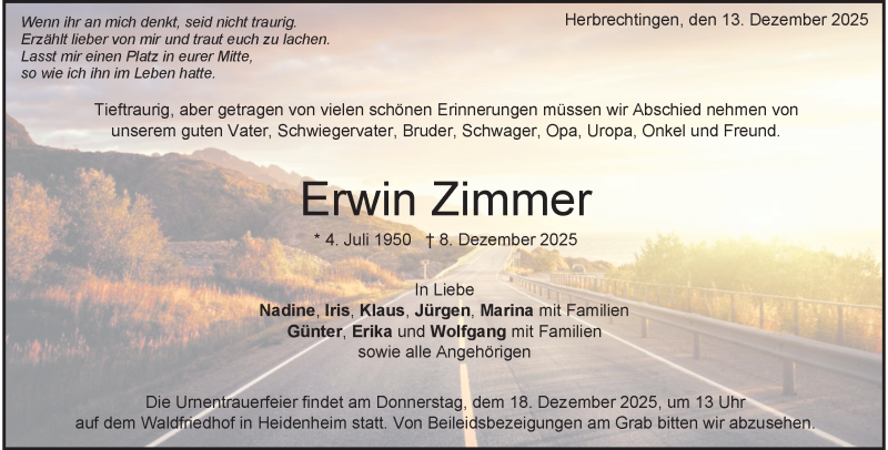  Traueranzeige für Erwin Zimmer vom 13.12.2025 aus Heidenheimer Zeitung