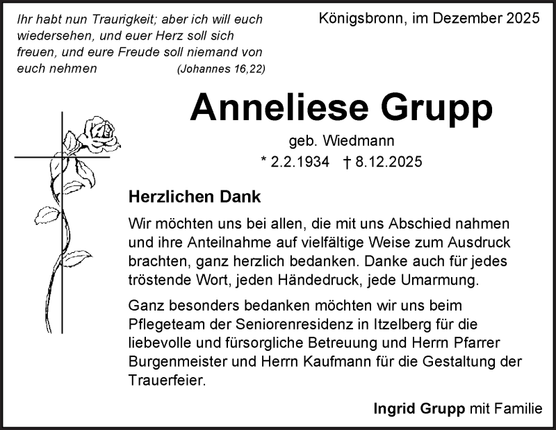  Traueranzeige für Anneliese Grupp vom 30.12.2025 aus Heidenheimer Zeitung