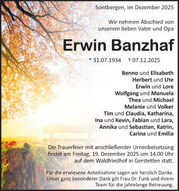 Traueranzeige von Erwin Banzhaf von Heidenheimer Zeitung