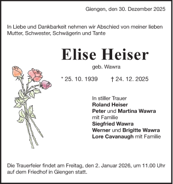 Traueranzeige von Elise Heiser von Heidenheimer Zeitung