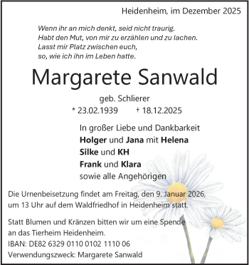 Traueranzeige von Margarete Sanwald von Heidenheimer Zeitung