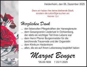Traueranzeige von Margot Benger von Heidenheimer Zeitung