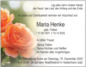Traueranzeige von Maria Henke von Heidenheimer Zeitung