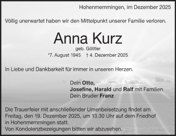 Traueranzeige von Anna Kurz von Heidenheimer Zeitung
