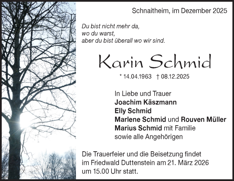  Traueranzeige für Karin Schmid vom 20.12.2025 aus Heidenheimer Zeitung