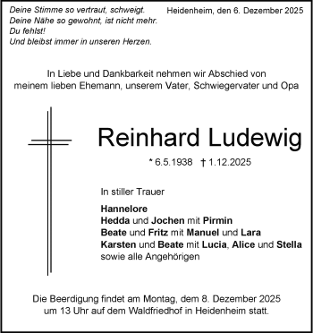 Traueranzeige von Reinhard Ludewig von Heidenheimer Zeitung