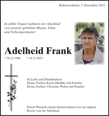 Traueranzeige von Adelheid Frank von Heidenheimer Zeitung